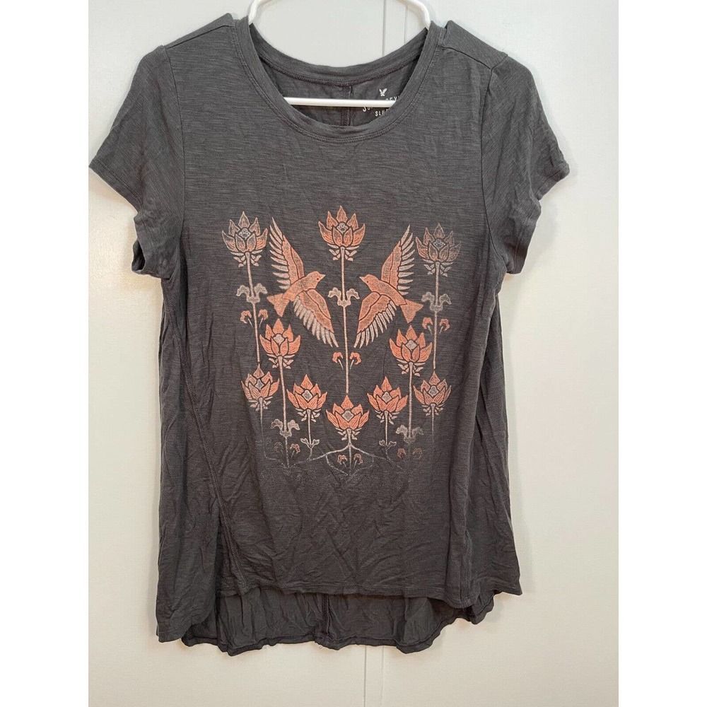 American Eagle Soft & Sexy Slub Tee Hi Low Boho Beach Birds Small Gray